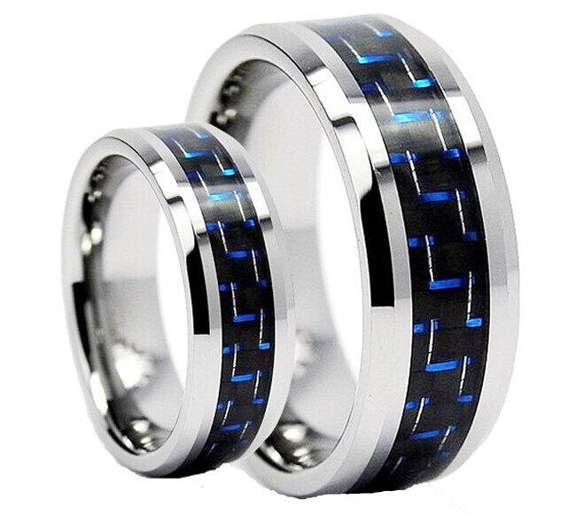 Wedding - Tungsten Wedding Band,Wedding Band Set Matching,Blue Carbon Fiber Inlay ,Wedding Band Ring Set ,His,Her,8MM.6MM