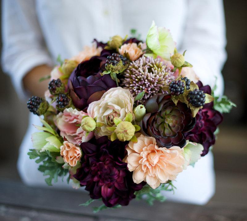 Свадьба - AMAZING Wedding Silk Succulent, Peonies, Dahlias and Berries Silk Flower Bride Fall Rustic Bouquet