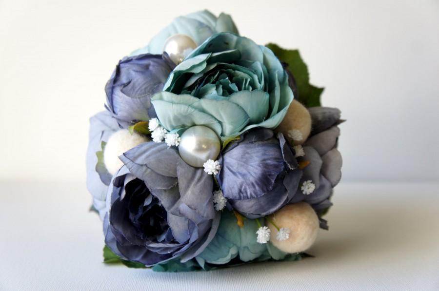 Wedding - Blue Peony Bridal Bouquet, Silk Wedding Flowers, Vintage Wedding, Rustic Wedding, Shabby Chic Wedding, Bride, Pearls