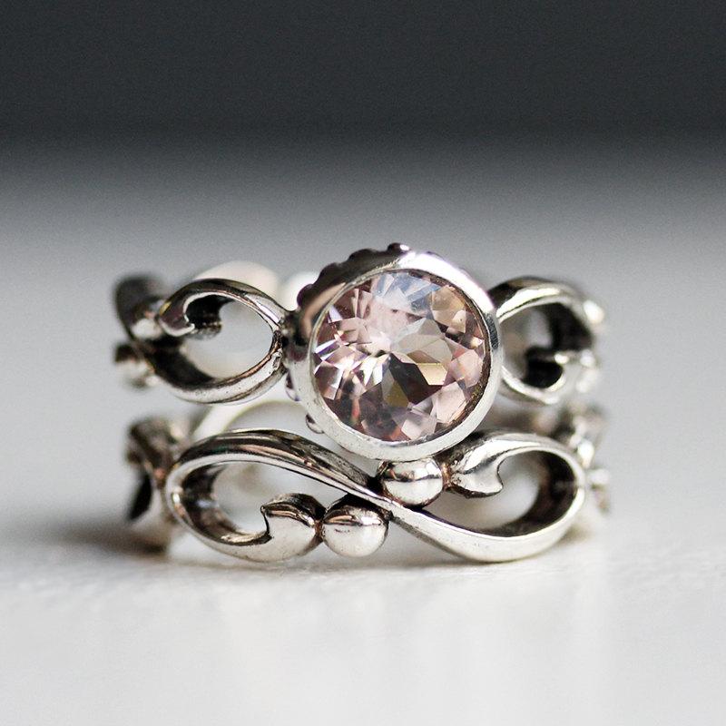 Mariage - Pink morganite engagement ring set, morganite wedding set, bezel set engagement ring, unique engagement ring, infinity ring, Wrought