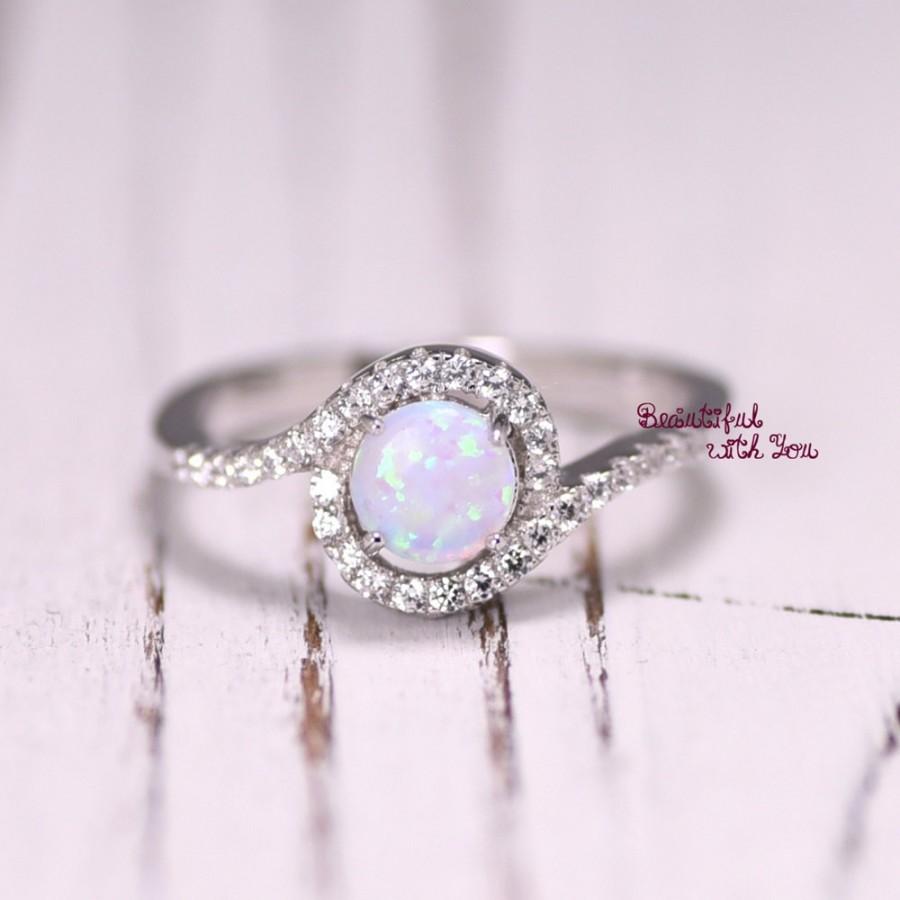 Hochzeit - Silver Lab Opal Ring, White Opal Ring, Opal Wedding Band, Womens Opal Wedding Ring, Promise Ring for Her, Opal Engagement Ring, Halo Ring