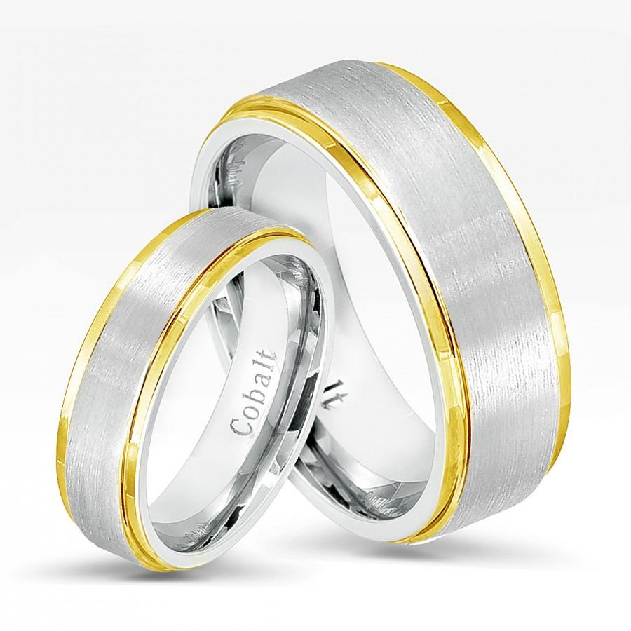 Wedding - 2-Tone Cobalt Wedding Band Set,Comfort Fit Wedding Bands 8mm For Him & 6mm For Her,Brushed Finish,yellow Gold Plated Shiny Stepped Edge