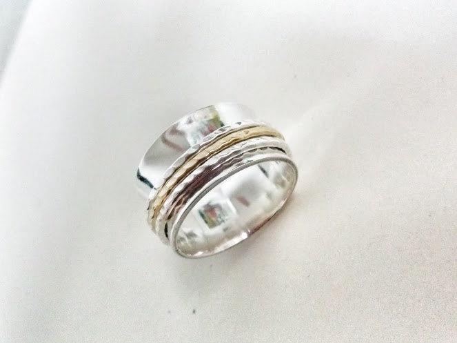 زفاف - Unisex Spinner Ring For Relieving Stress and Meditation, Wedding band Handmade with Sterling Silver and 24K Gold Plated. Handcrafted Jewelry