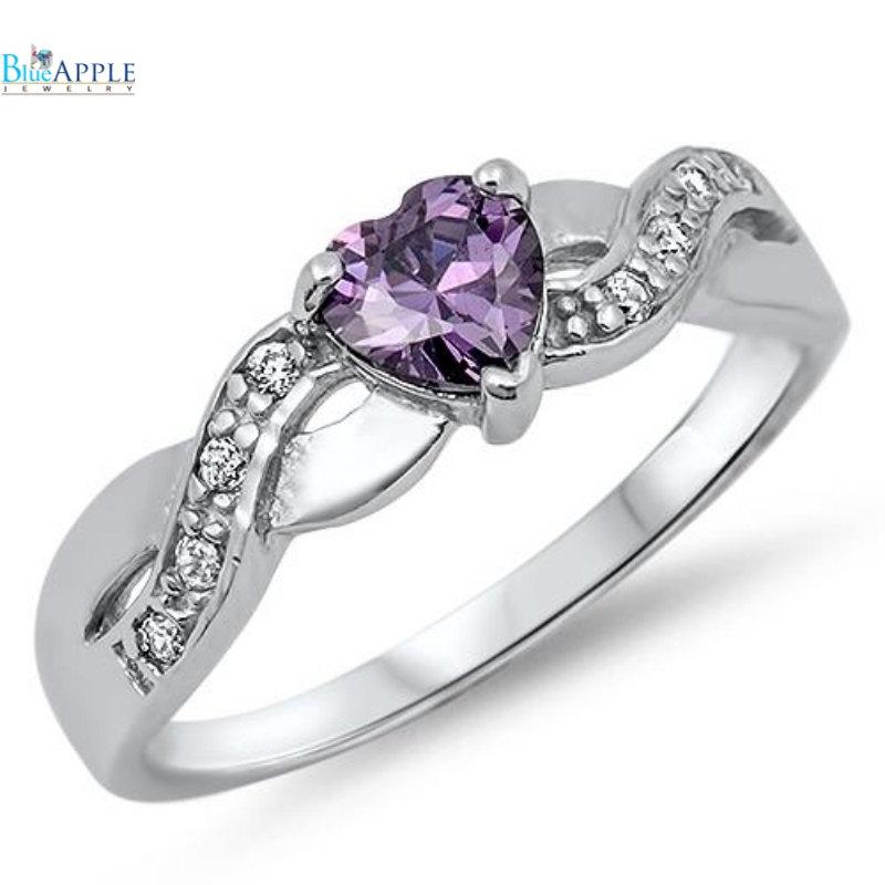 Hochzeit - 0.74 Carat Heart Shape Purple Amethyst CZ Round Russian ice Diamond CZ CrissCross Infinity Shank 925 Sterling Silver Promise Ring Love Gift