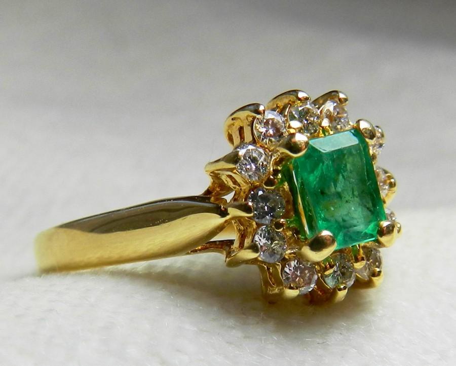 Hochzeit - 18K Emerald Ring Colombian Emerald Engagement Ring Unique Engagement Ring Diamond Halo Ring May Birthday