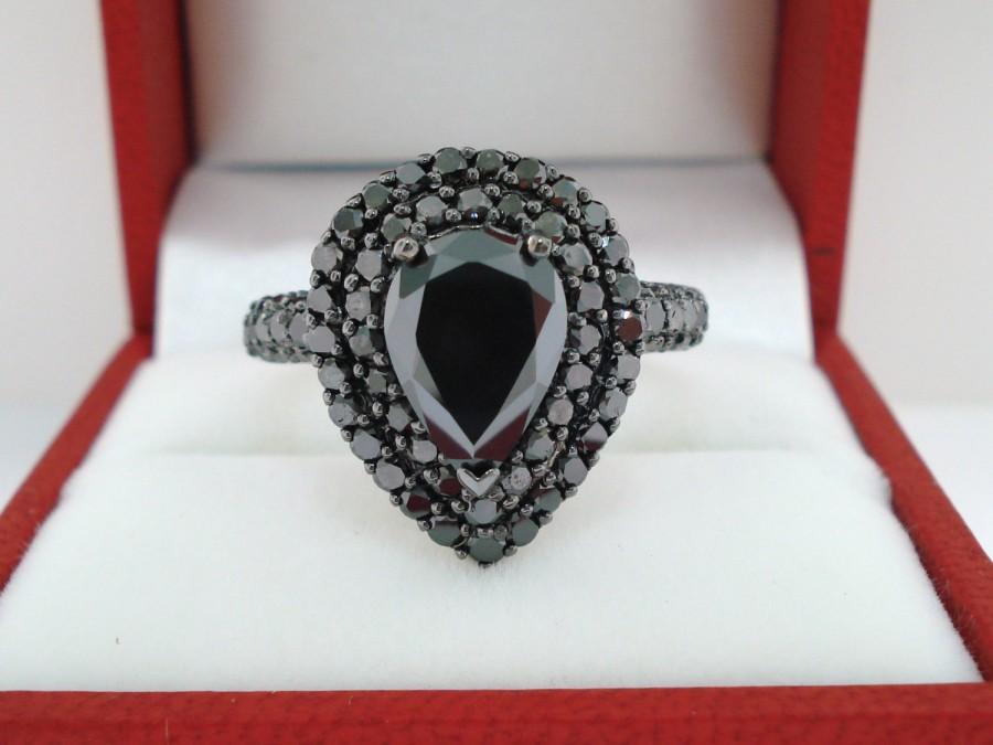 Hochzeit - Pear Shape Black Diamond  Engagement Ring 14k White Gold Unique 3.37 Carat Certified HandMade