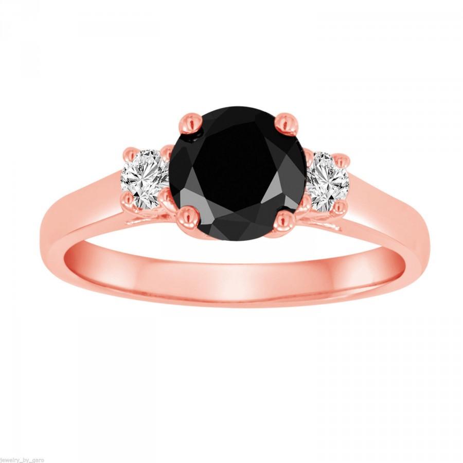 Свадьба - Fancy Black & White Diamond Three Stone Engagement Ring 14K Rose Gold 1.25 Carat Handmade