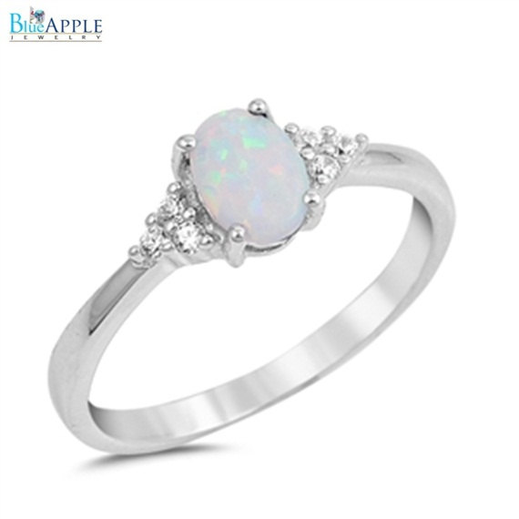 Hochzeit - Oval Cut White Opal Ring Solid 925 Sterling Silver Lab Created White Australian Opal Round Russian Clear Diamond CZ Wedding Engagement Ring