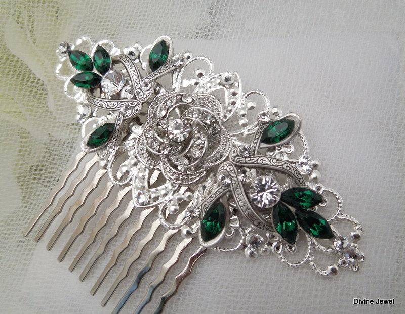 Mariage - Bridal Rhinestone Hair Comb,Wedding Rhinestone Hair Comb,Rose Rhinestone Hair Comb,Swarovski Crystals,Emerald Green Wedding Jewelry ROSELANI