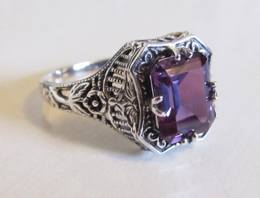 زفاف - Alexandrite Victorian Style Filigree Engagement Ring Sterling Silver/ Floral Rose Antique Vintage Art Deco