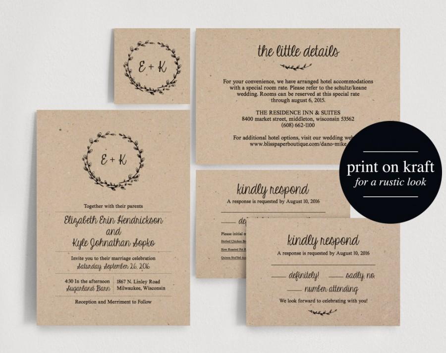 Wedding - Wedding Invitation Printable, Rustic Wedding Invitation, Invitation Set, DIY, Kraft, PDF, Instant Download Bliss Paper Boutique 