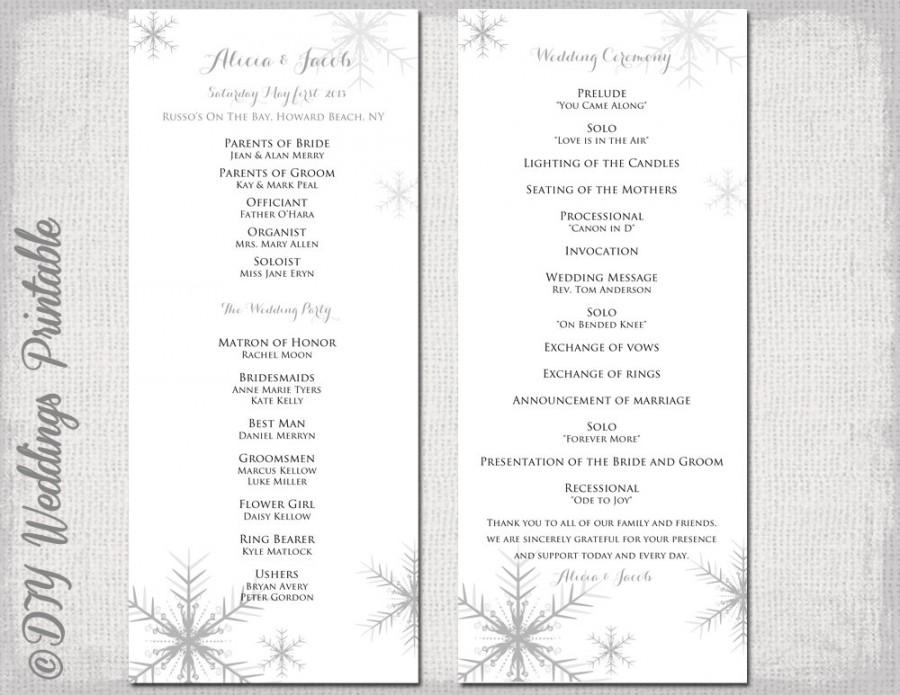 Mariage - Winter wedding program template "Snowflake" wedding program printable Silver gray DIY snowflakes wedding programs YOU EDIT download