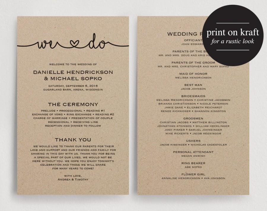 Wedding - Wedding Programs Instant Download, Printable Template - Printable Wedding Program, Wedding Printable Card, PDF, Kraft 