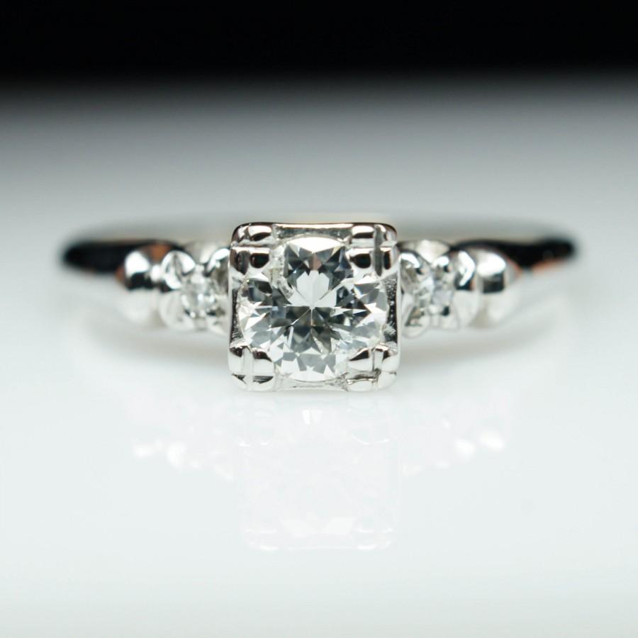 Hochzeit - Vintage Old European Cut Diamond Solitaire Engagement Ring 14k White Gold Diamond Engagement Ring Vintage Wedding Ring Wedding Band