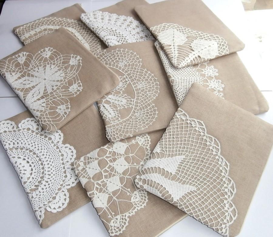 Wedding - Set of 9 bridesmaid clutches -sand beige linen +vintage doily zipper clutch, handmade pouch, vintage lace bag, linen bag, rustic wedding bag