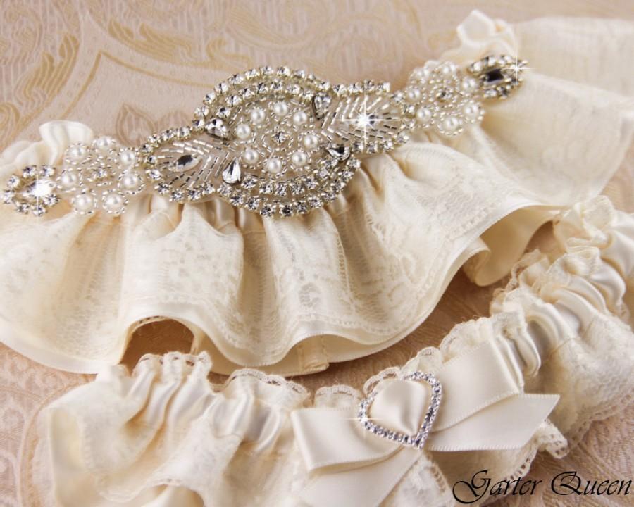 Wedding - Ivory Lace Garter Set, Lace Wedding Garter Set, Ivory Garter Set, Rhinestone Garter, Personalized Garter Set