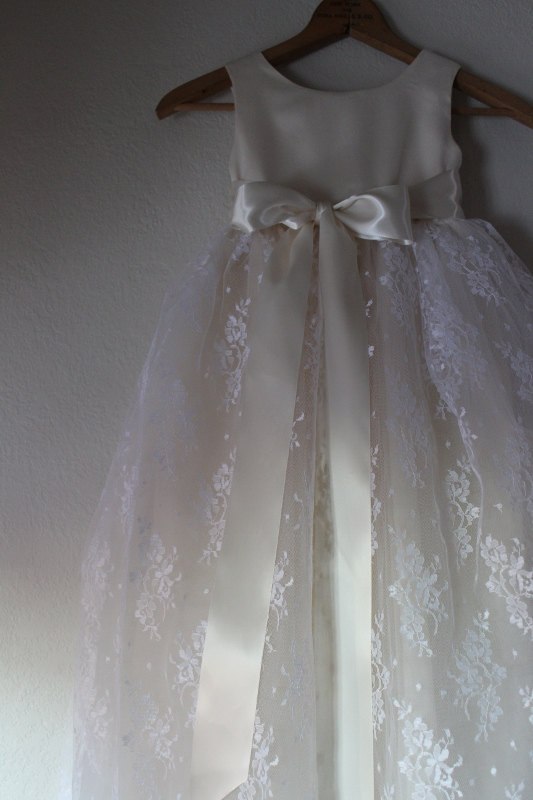 Wedding - lace flower girl dress, cotton flower girl dress, tulle and lace flower girl dress, ribbon sash, black tie flower girl dress