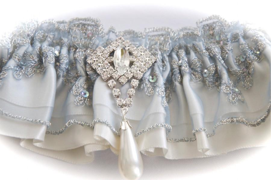 Hochzeit - Elegance Bride Garter as Rhapsody in Pale Blue Regal Lace over Ivory Satin