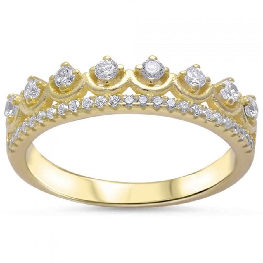 زفاف - 0.25CT Round Russian Clear Diamond CZ Solid  Yellow Gold 925 Sterling Silver Half Eternity Wedding Engagement Anniversary Crown Ring