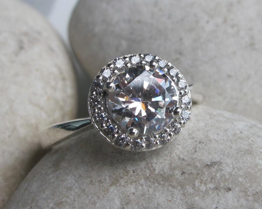 Wedding - Cubic Zirconia Engagement Ring- Round Halo Ring- Promise Ring- Bridal Ring- Crystal Ring- CZ Ring- Gemstone Ring- Halo Ring- Silver Ring