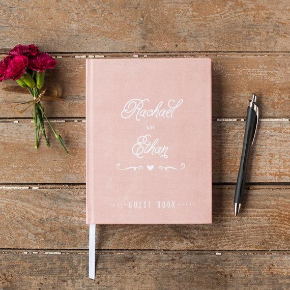 Hochzeit - Romantic Wedding Guest Book Pink Wedding Book Personalized Guestbook calligraphy script heart sign in book guest book ideas wedding keepsake