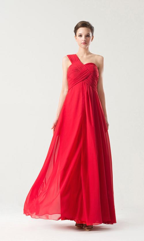 Wedding - Gorgeous Red Long One-Shoulder Chiffon Maid of Honor Dress KSP143