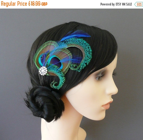 Mariage - ON SALE Peacock Feather Hair Clip Royal Blue Fascinator 1920's Flapper Bridesmaids Hair Accessory Crystal Wedding 'Althea'