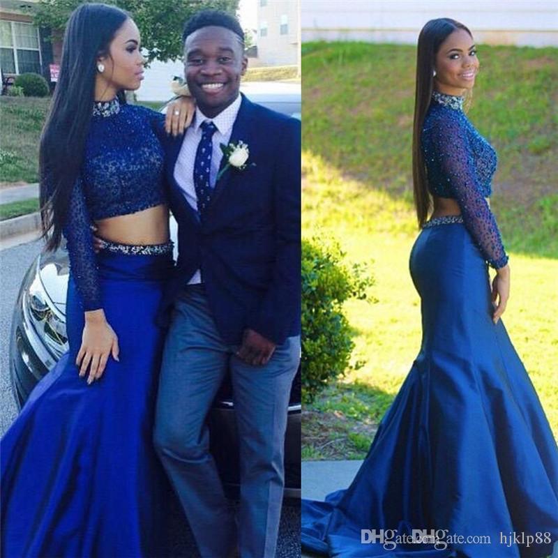 Wedding - Blue 2k15 Two Pieces Dresses High Neckline Long Sleeve Beaded Young Women Prom Dress Floor Length Party Evening Dress Online with $116.92/Piece on Hjklp88's Store 