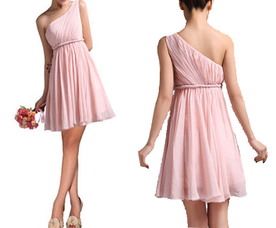 Hochzeit - Short Braid Belt Single Shoulder Pink Bridesmaid Dress KSP325