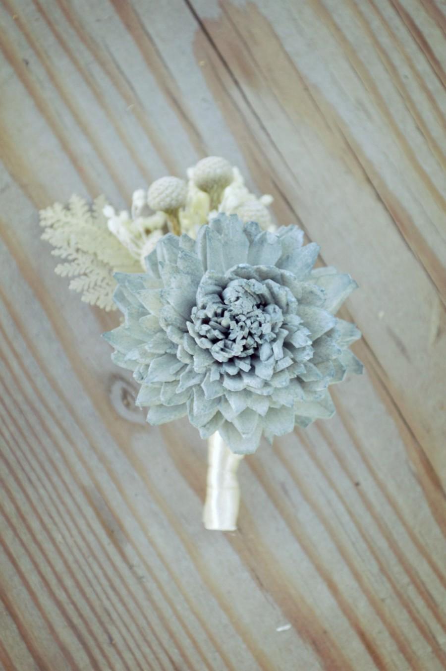Hochzeit - Slate Wedding Collection Boutonniere Bouquet Sola Flowers and dried Flowers Grey Navy Blue Dusty Miller Silver Brunia Anemone