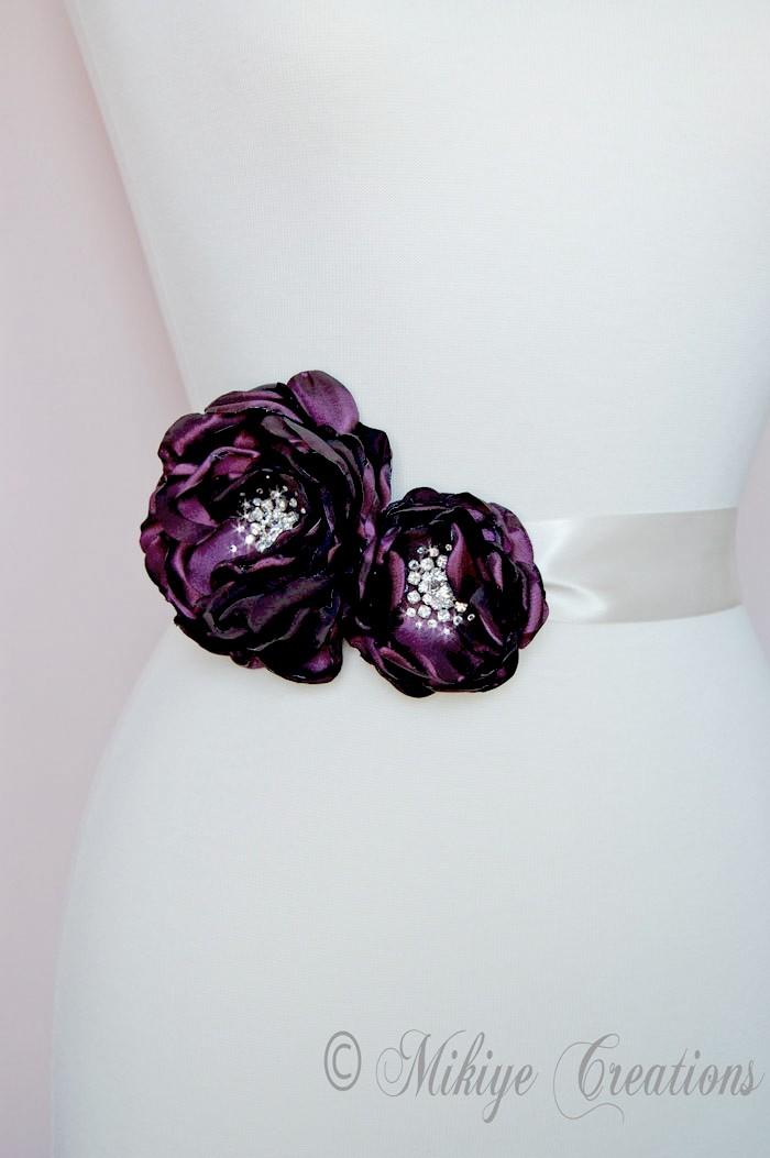 Hochzeit - Wedding Sash Flowers, Bridesmaid Accessories Sash Accessories, Bridal Hair Piece - Enchanted Eggplant