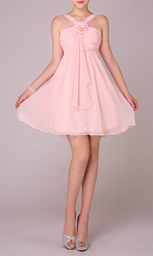 Wedding - Exquisite floral Halter Neck Short pink Bridesmaid Dress KSP087