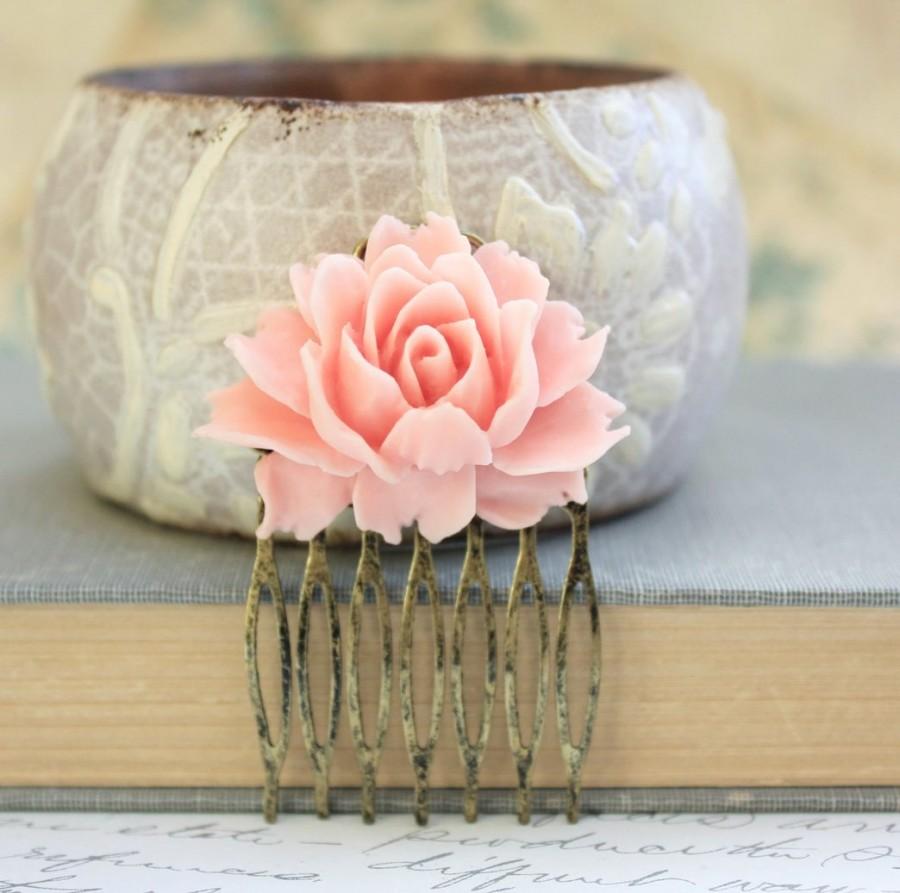 Mariage - Pink Rose Comb Romantic Floral Comb Metal Hair Comb Peach Wedding  Modern Bridal Hair Slide Spring Floral Hair Accessories Antique Brass
