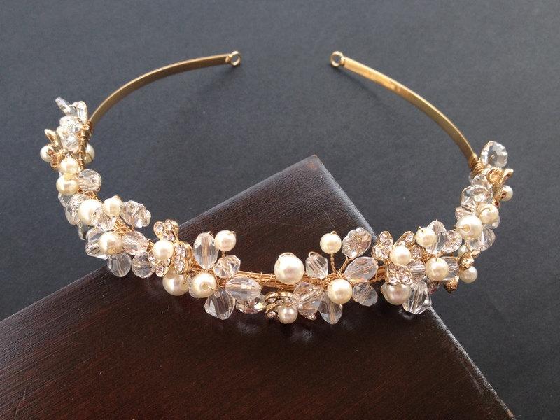 زفاف - Pearl Wedding Headband, Bridal Hair Accessories, Wedding Headpiece, Tiara, Gold
