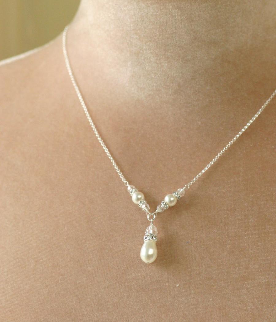 Wedding - Pearl bridesmaid necklace, pearl necklace, pearl drop necklace, Swarovski wedding necklace - Vi