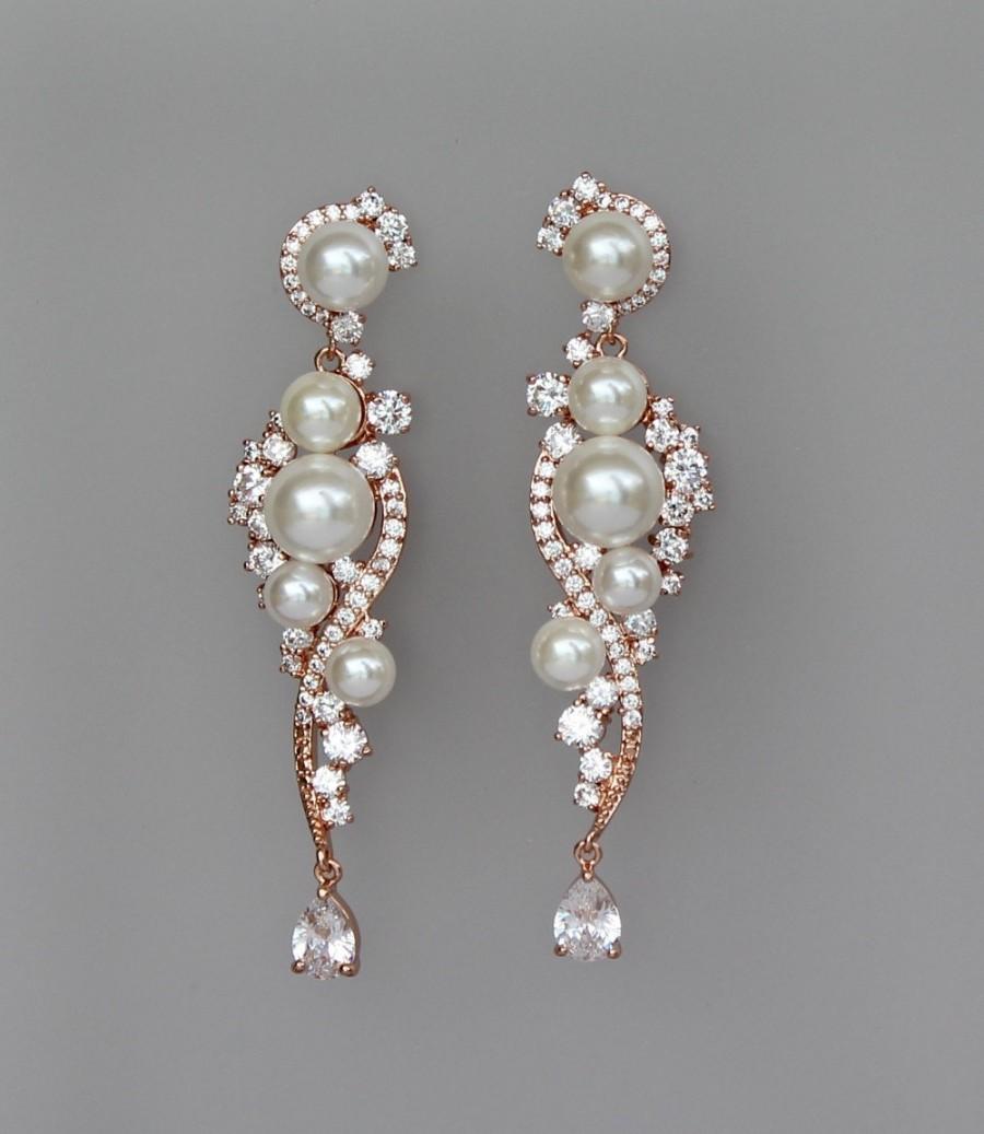 زفاف - Rose Gold Earrings, Crystal Bridal  Earrings, Rose Gold Crystal and Pearl Wedding Earrings, LILLY  RG