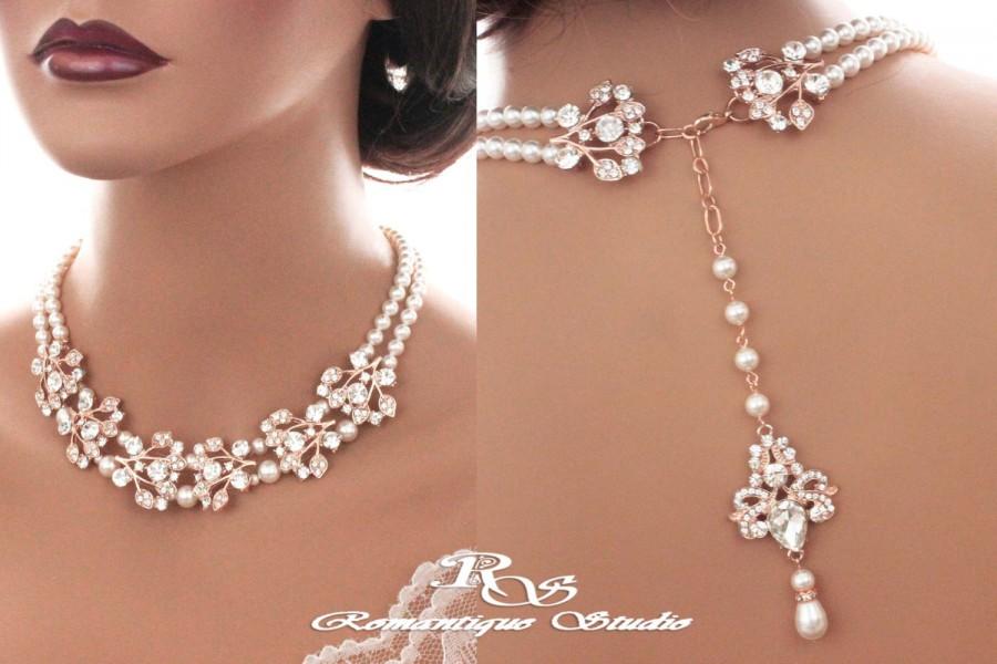 زفاف - Bridal backdrop necklace ROSE GOLD crystal wedding necklace Swarovski pearl necklace vintage style statement necklace Bridal jewelry 2177RG