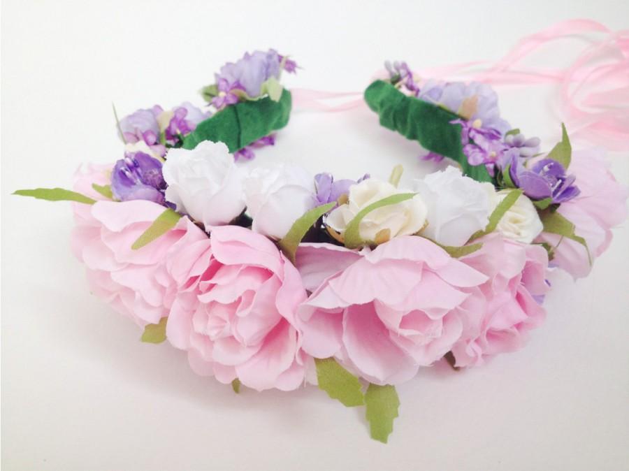 Wedding - Boho flower crown Pink Creamy Lavender Rose Textile flowers Bridal floral headband Gift for her Women Gift Bridesmaid crown Flower girl