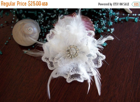 Mariage - HOLIDAY SALE Vintage Diamond White Lace Applique Flower Handmade Fascinator with Silver Brooch, Bride Headpiece