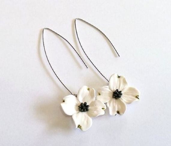Wedding - White Dogwood Drop Earrings, White Flower Drop Earrings, Dogwood bridal Jewelry, Perfect For Bride