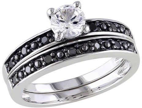 Hochzeit - Diamond 5/8 CT. T.W. Simulated White Sapphire and 1/5 CT. T.W. Black Diamond Bridal Set in Sterling Silver