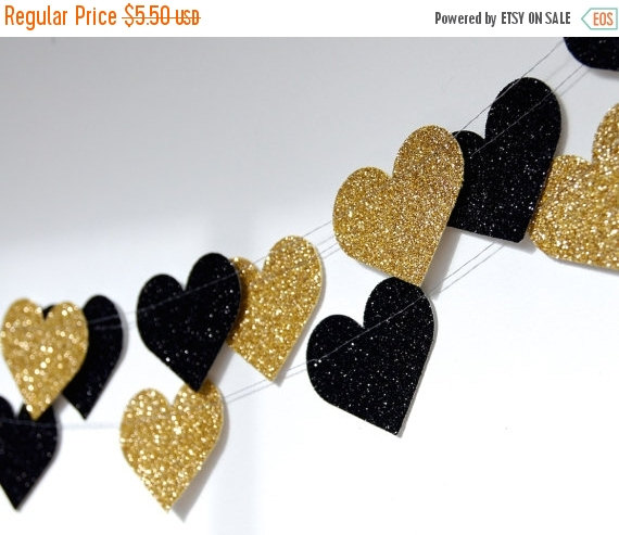 Wedding - Christmas Sale Heart Glitter Paper Garland, Gold and Noir, Gold and Black, Bridal Shower, Party Decorations, Birthday Decor