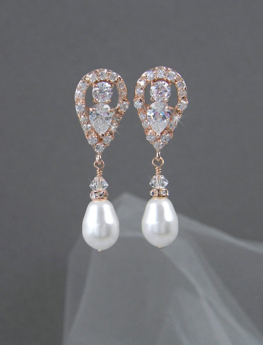 Wedding - Rose Gold Bridal Earrings, Wedding jewelry, Swarovski Crystal wedding earrings Rhinestone Bridesmaids, Chrissy Bridal Earrings