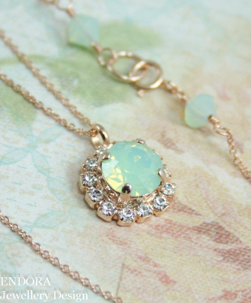 Mariage - rose gold necklace,crystal pendant necklace,mint opal necklace,mint green wedding,mint green necklace,bridesmaid necklace,gift for her,mint