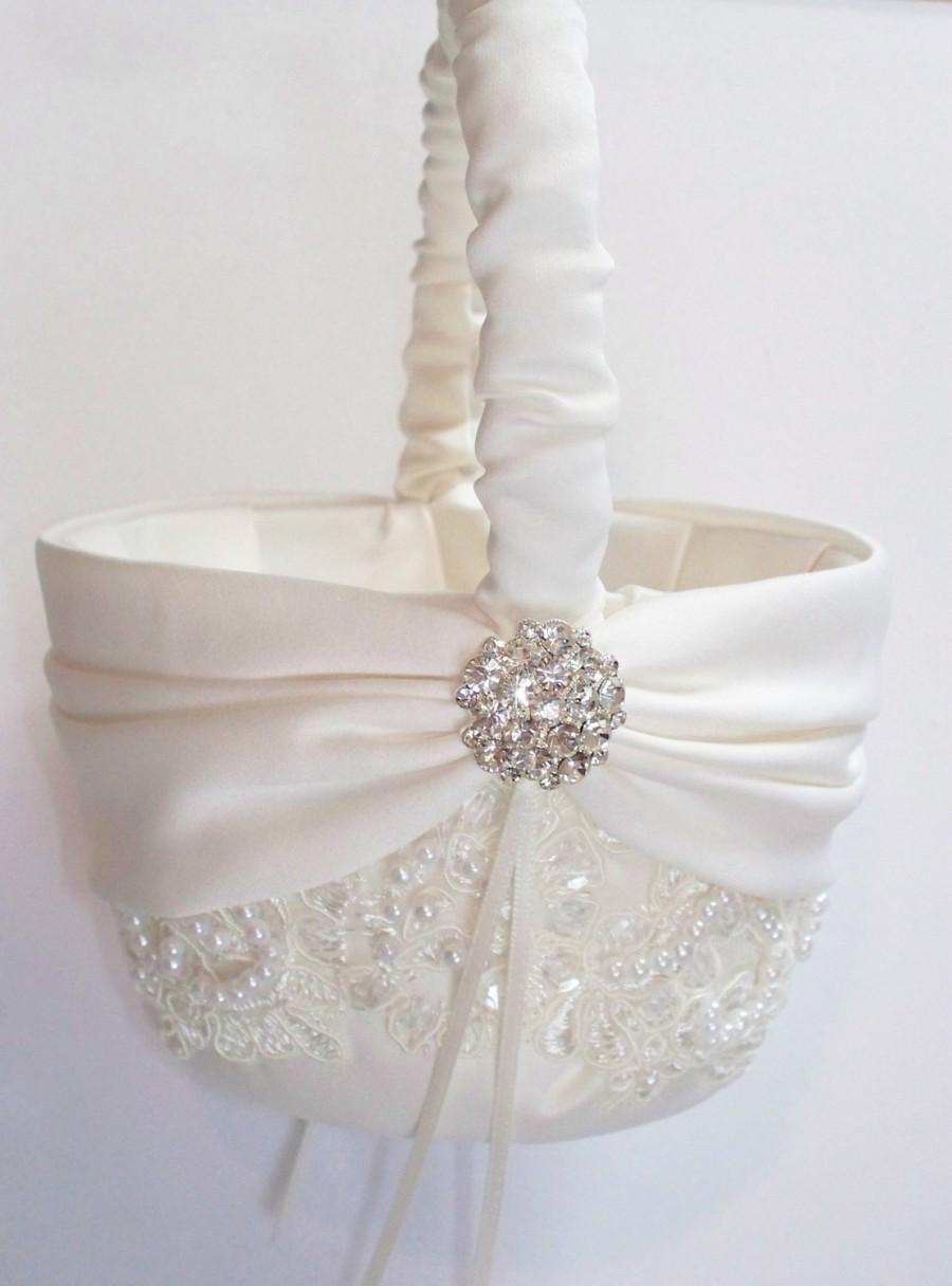 Hochzeit - Wedding Flower Girl Basket with Beaded Alencon Lace, Ivory Satin Sash Cinched by Crystals - The MIRANDA Basket