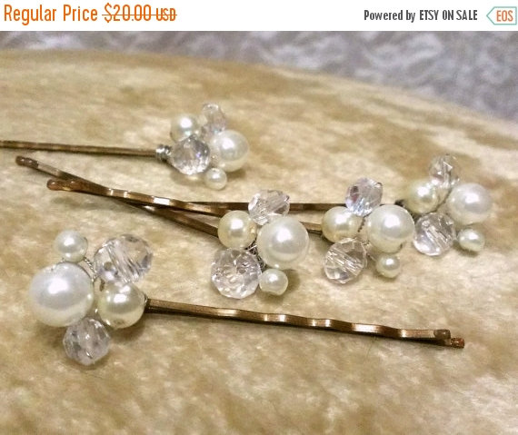 Hochzeit - THANKSGIVING SALE Ivory Pearl Bridal Hair Pins With Swarovski Crystals - Set of 5,  Bridal Hair Pins, Bridal Wedding Hair Pins, Flower Girl
