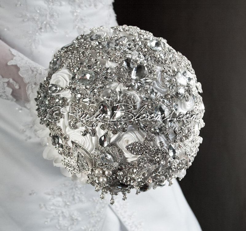 Hochzeit - Crystal Silver White Wedding Brooch Bouquet. "Twin Souls" Bling Jeweled Bouquet. Silver White Bridal Broach Bouquet, Ruby Blooms Weddings