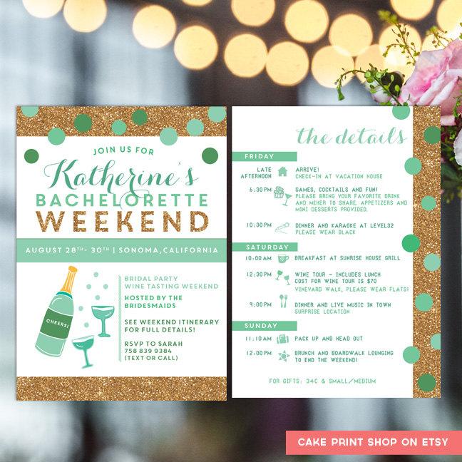 زفاف - Bachelorette printable Itinerary, Bachelorette invite with itinerary, mint and gold bachelorette, hens party invitation, hens weekend, mint