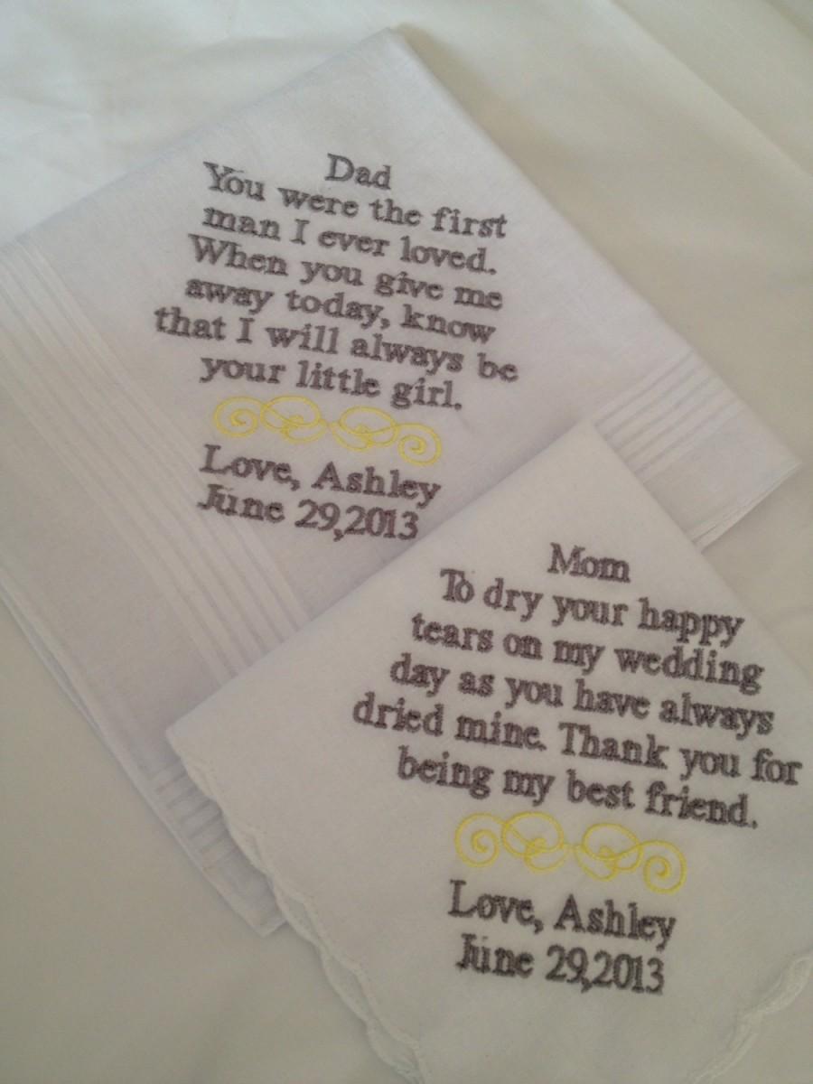 Hochzeit - Set of Two Personalized WEDDING HANKIE'S Mother & Father of the Bride Gifts Hankerchief - Hankies