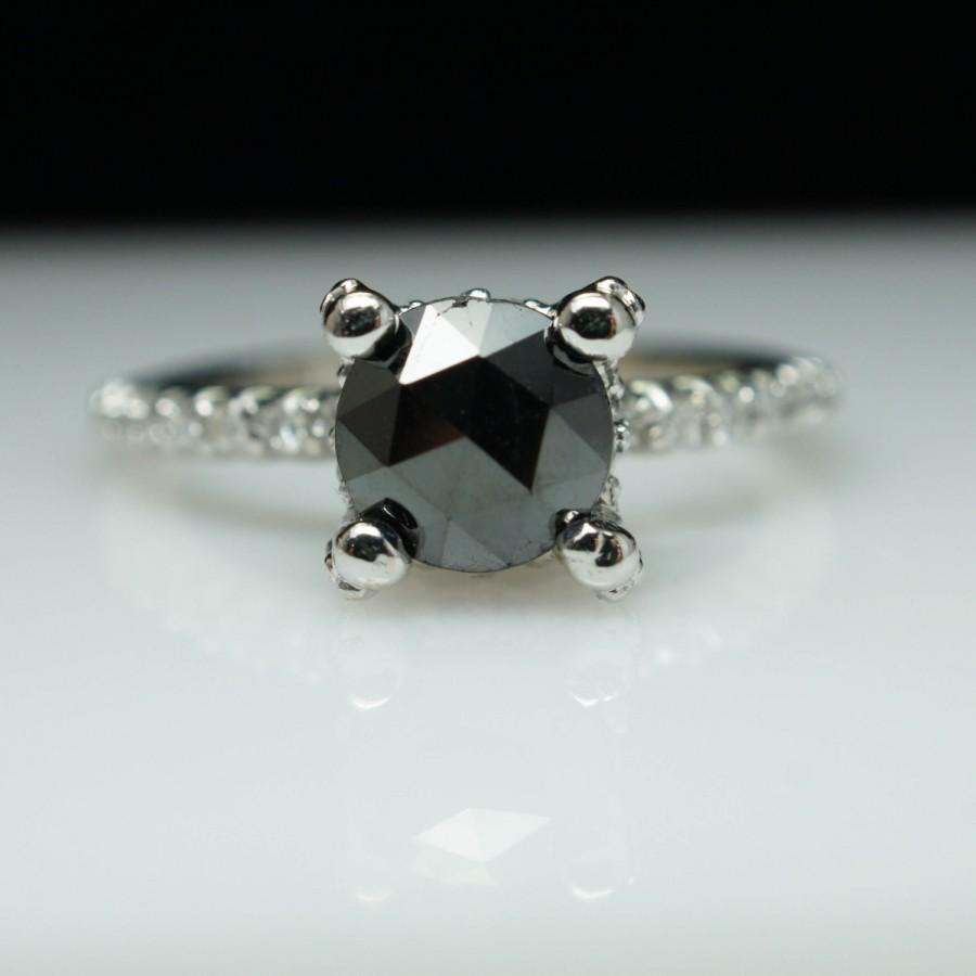 Wedding - Black Diamond Engagement Ring Vintage Engagement Ring 14k White Gold Engagement Ring Bridal Princess Jewelry